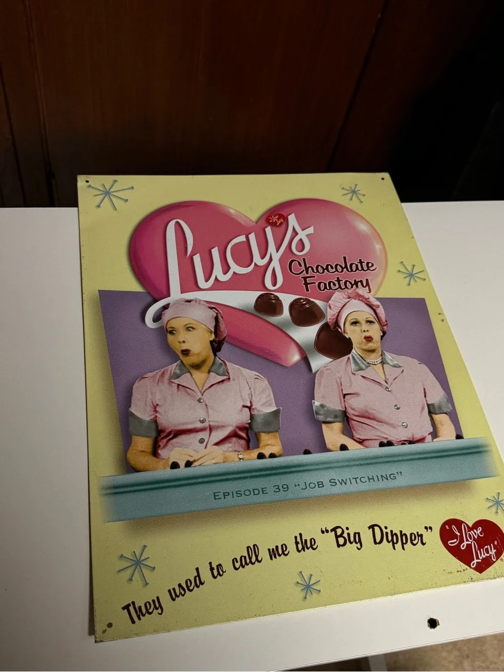Lucy’s Chocolate Factory Retro Metal Sign - Pink Heart Graphic
